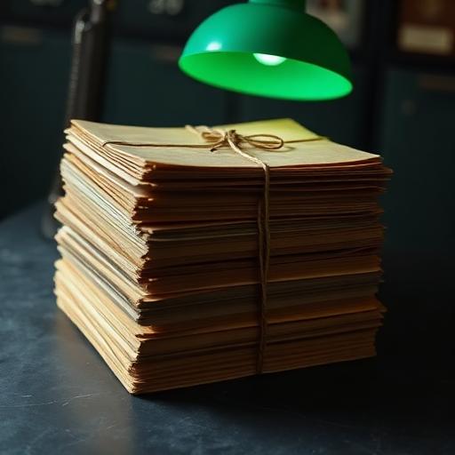 Fictional stack of aged case folders tied with string