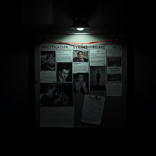 Fictional evidence board with photographs, pins and string