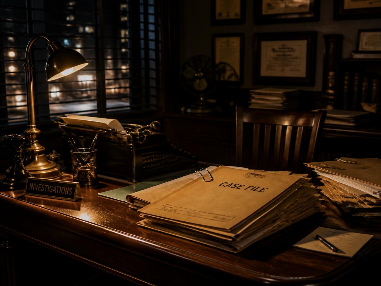 Fictional investigator's office at night lit by a warm amber desk lamp