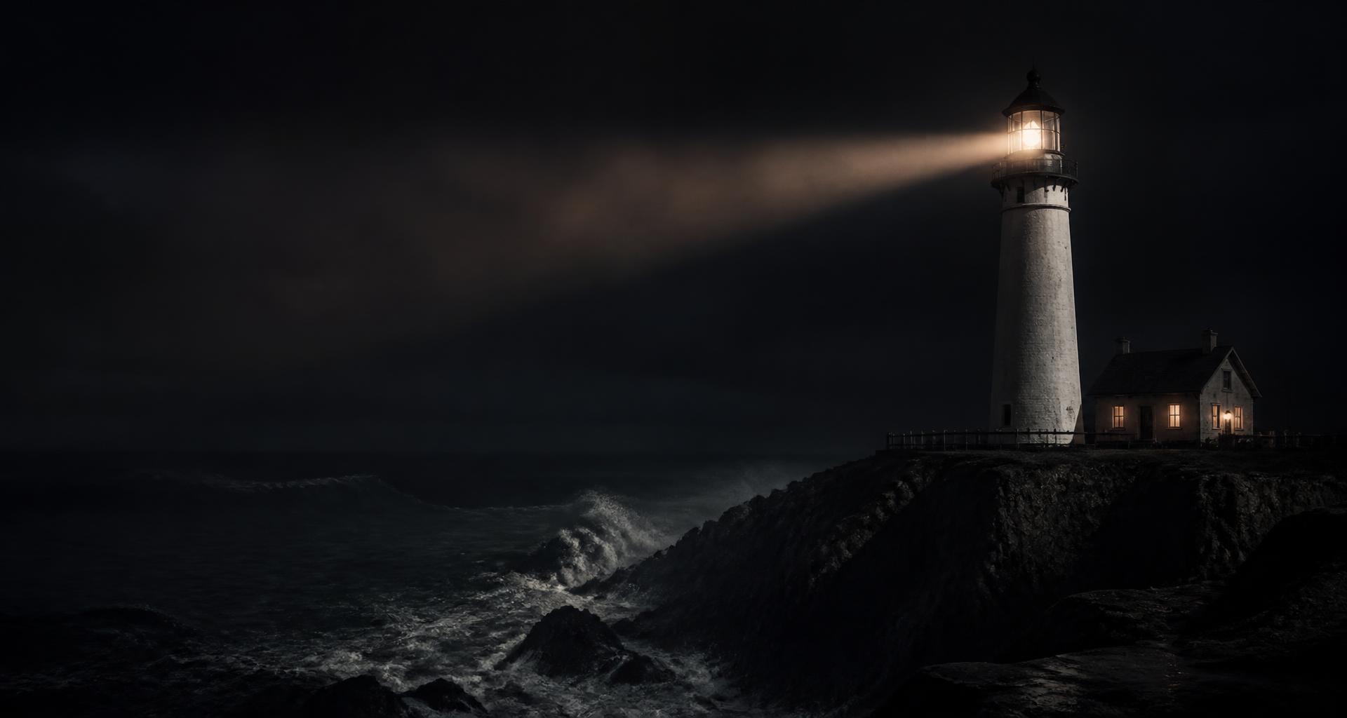 Night-time lighthouse on a rocky coastal cliff casting a beam over a dark sea