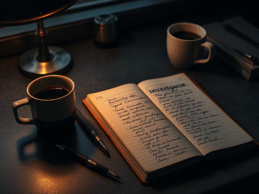 Fictional handwritten investigator notebook on a dark desk